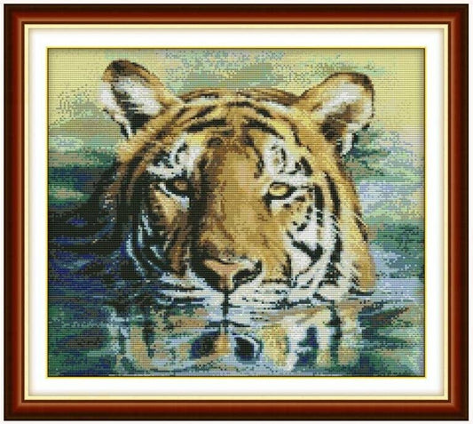 Cross Stich Kreuzstickerei Stickpackung BILD-Tiger im Wasser 54x48cm