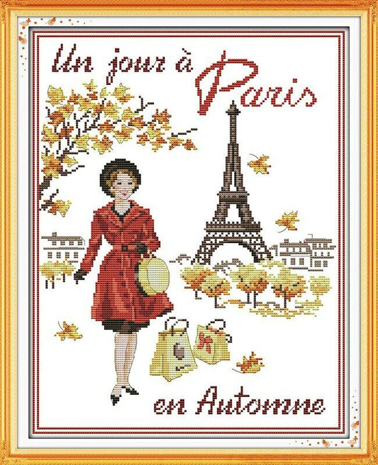 Cross Stich Vorgedruckte Kreuzstich Stickpackung BILD-Paris mit Dame 43x54cm
