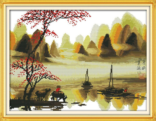 Cross Stich Vorgedruckte Kreuzstich Stickpackung BILD-Poetischer Fluss 52x40 cm