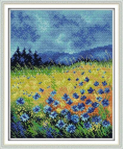 Cross Stich Kreuzstickerei Stickpackung BILD- Blaue Blumen 33x39cm