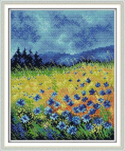 Cross Stich Kreuzstickerei Stickpackung BILD- Blaue Blumen 33x39cm