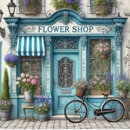 Cross Stich Kreuzstich Stickpackung BILD-Blumenhandlung 36x36cm