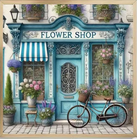 Cross Stich Kreuzstich Stickpackung BILD-Blumenhandlung 36x36cm