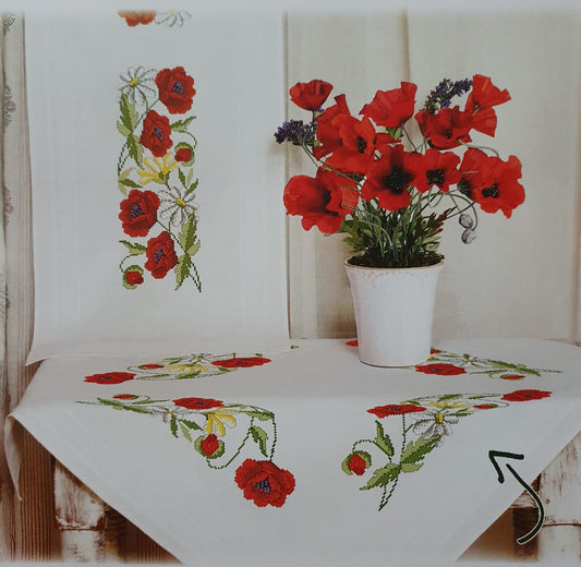 Duftin Stickpackung Mitteldecke MOhnblume groß Kreuzstich 80x80cm