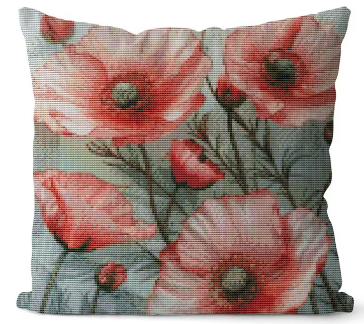 Kreuzstichset  Polster fertig genäht mit Reißverschluss, Mohn, 45x45cm