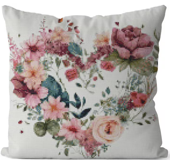 Kreuzstichset  Polster fertig genäht mit Reißverschluss, Blumenherz, 45x 45 cm