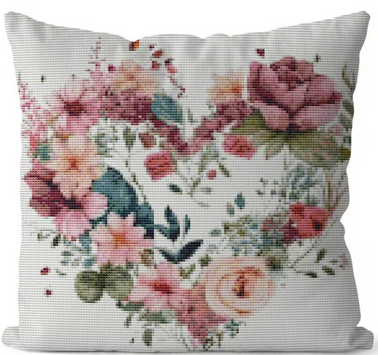 Kreuzstichset  Polster fertig genäht mit Reißverschluss, Blumenherz, 45x 45 cm