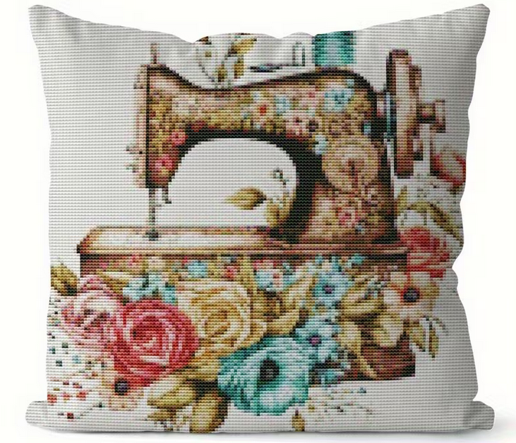 Kreuzstichset  Polster fertig genäht mit Reißverschluss, Nostalgische Nähmaschine, 45x45cm