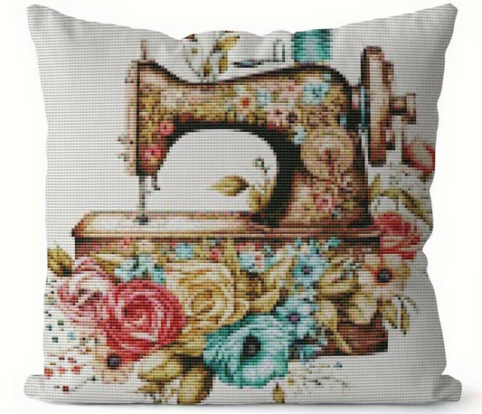 Kreuzstichset  Polster fertig genäht mit Reißverschluss, Nostalgische Nähmaschine, 45x45cm