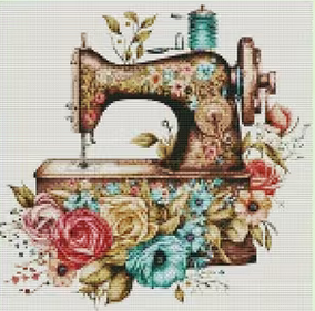 Kreuzstichset  Polster fertig genäht mit Reißverschluss, Nostalgische Nähmaschine, 45x45cm