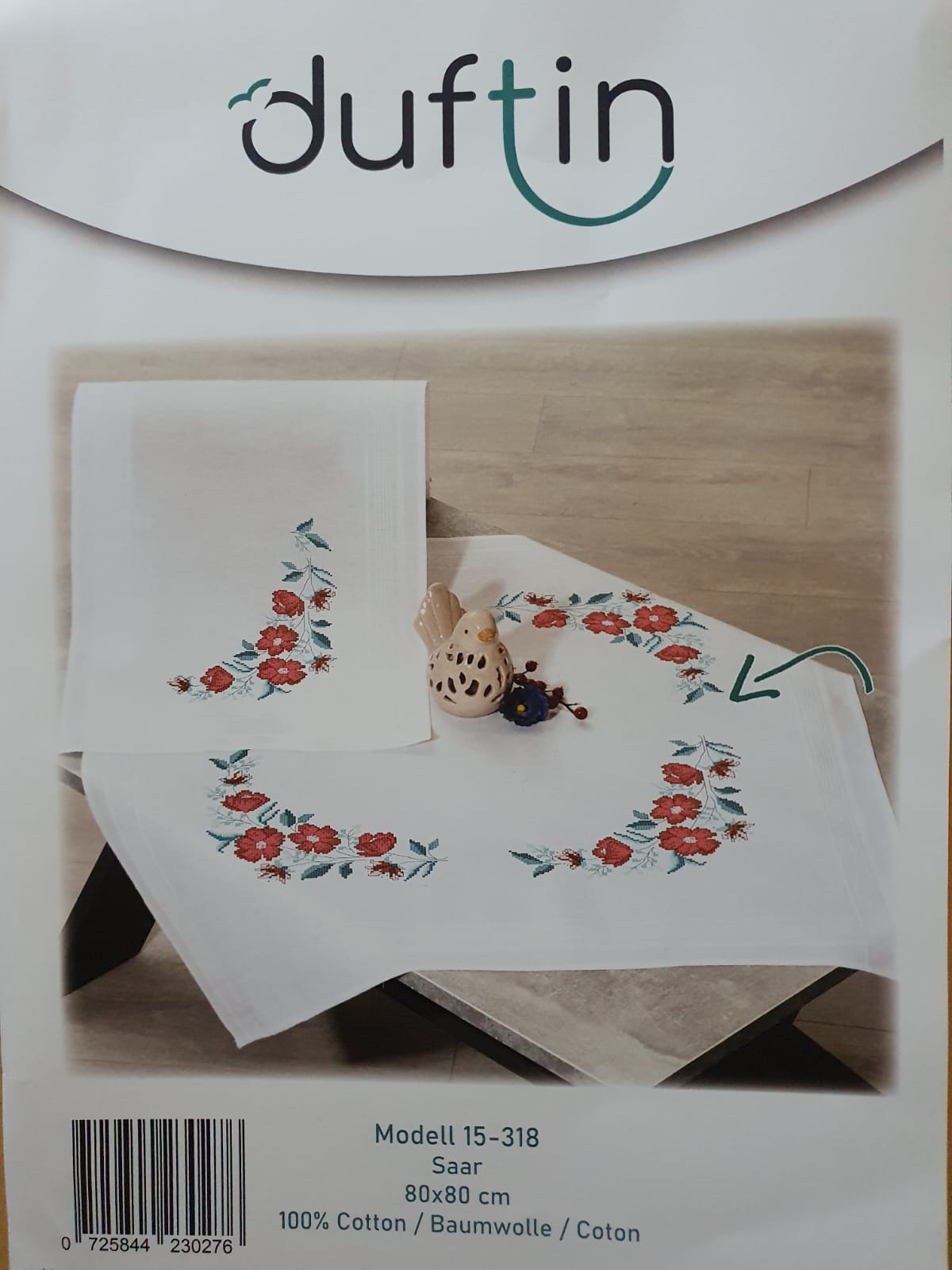Duftin Stickpackung Mitteldecke Rote Blumen, Kreuzstich 80x80cm