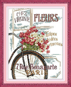 Cross Stich Kreuzstickerei Stickpackung BILD- Fahrrad und Blumen 46x56cm