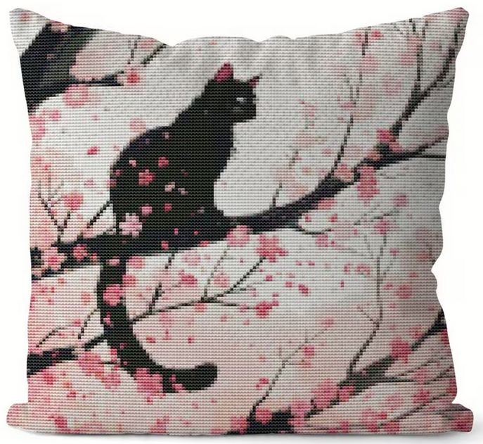 Kreuzstichset  Polster fertig genäht mit Reißverschluss, Schwarze Katze, 45x45cm
